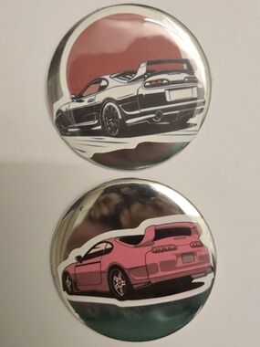 JDM Supra Style 2.25” Pin Back Button Set Pink & Silver